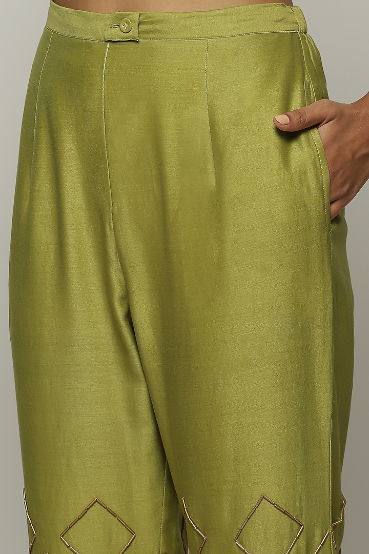 Amla Green Chanderi Hand Embroidered Pants by Abraham & Thakore at Pernia's Pop Up Shop