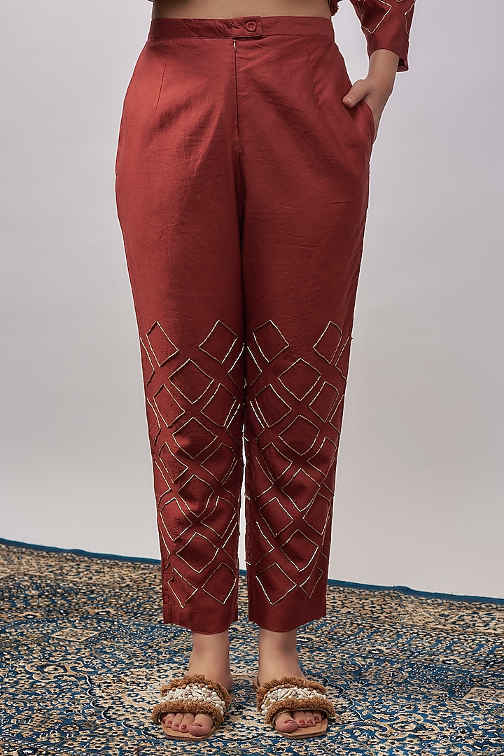 Red Chanderi Bugle Bead Embroidered Tapered Pants by Abraham & Thakore at Pernia's Pop Up Shop