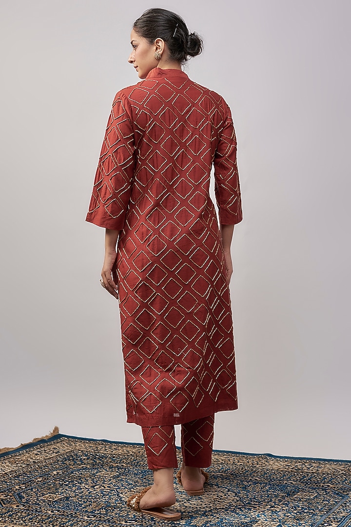 Red Chanderi Bugle Bead Embroidered Tapered Pants by Abraham & Thakore at Pernia's Pop Up Shop