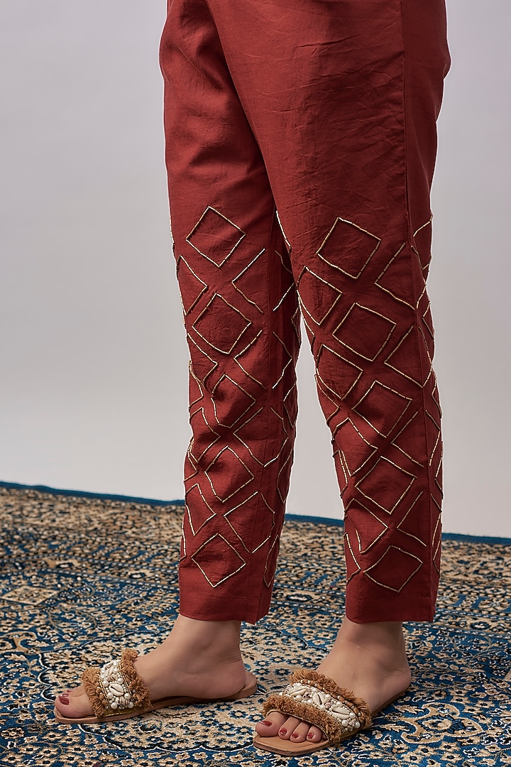 Red Chanderi Bugle Bead Embroidered Tapered Pants by Abraham & Thakore at Pernia's Pop Up Shop