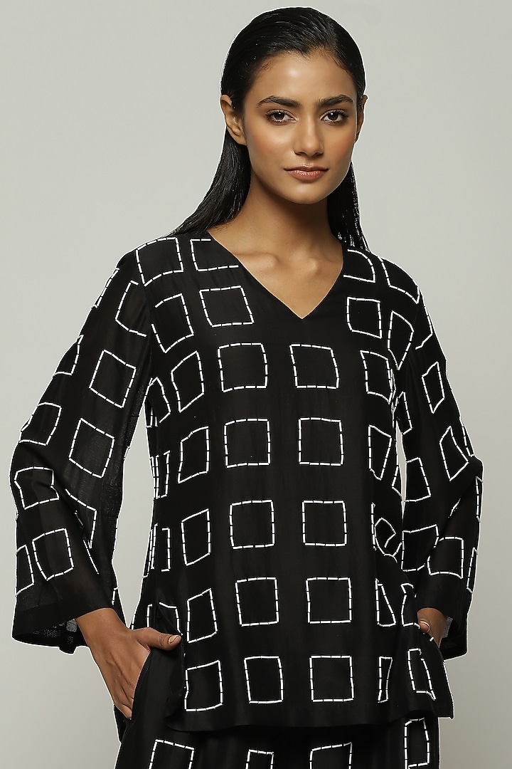 Black Chanderi Hand Embroidered Top by Abraham & Thakore at Pernia's Pop Up Shop