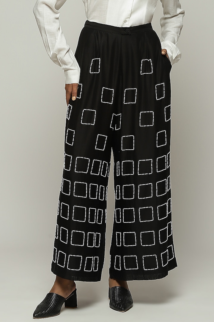 Black Chanderi Hand Embroidered Pants by Abraham & Thakore at Pernia's Pop Up Shop