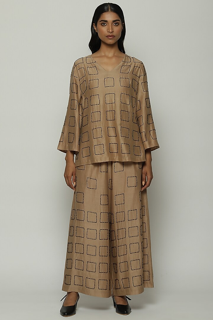 Biscuit Brown Chanderi Hand Embroidered Top by Abraham & Thakore at Pernia's Pop Up Shop
