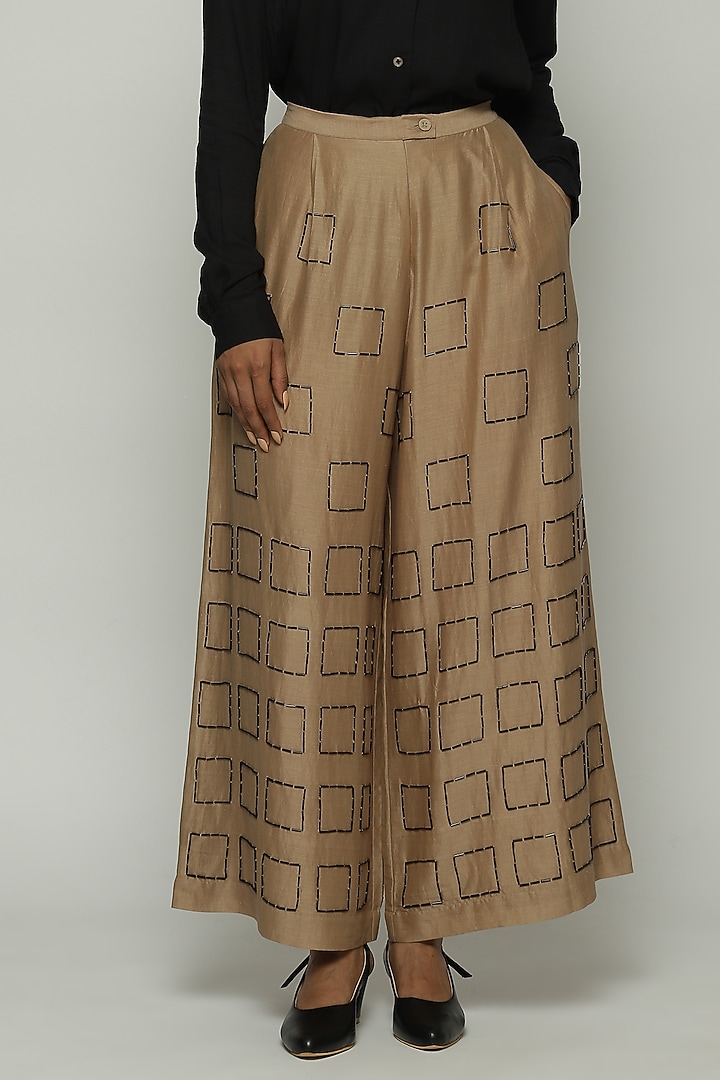 Biscuit Brown Chanderi Hand Embroidered Pants by Abraham & Thakore at Pernia's Pop Up Shop