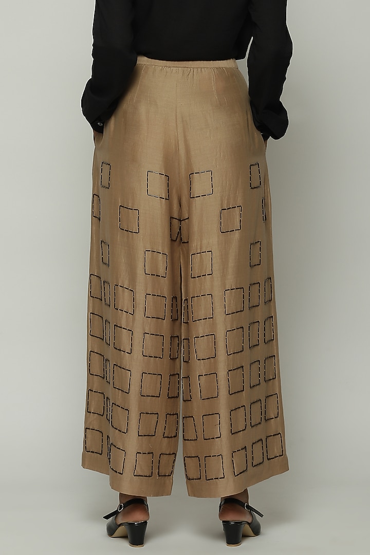 Biscuit Brown Chanderi Hand Embroidered Pants by Abraham & Thakore at Pernia's Pop Up Shop