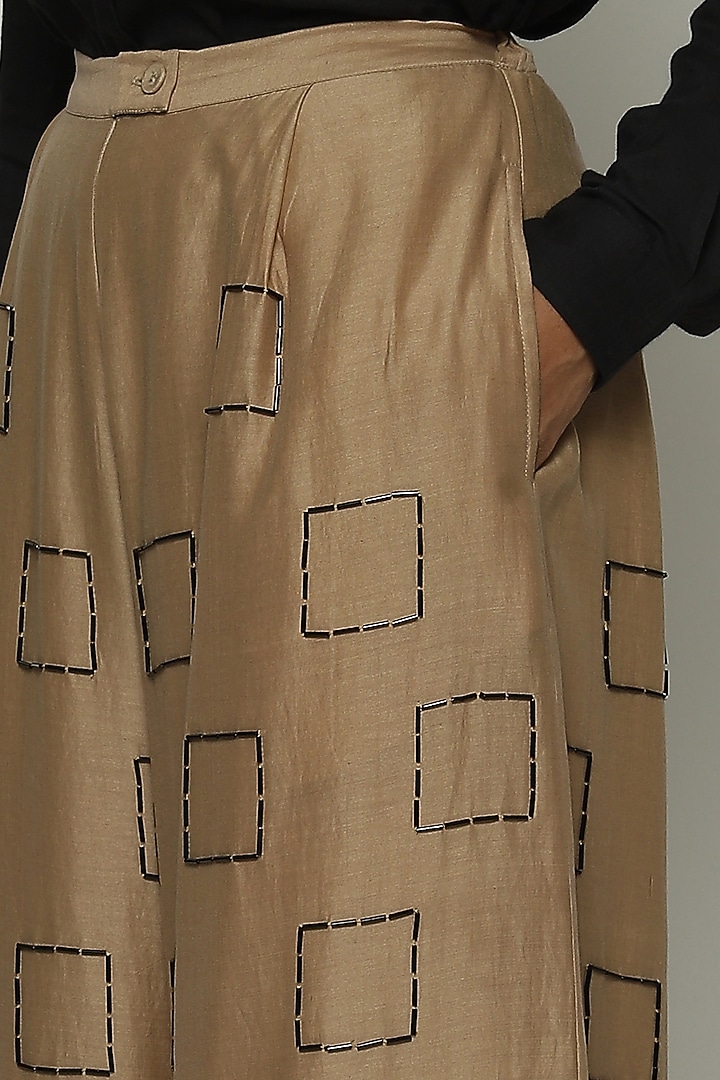 Biscuit Brown Chanderi Hand Embroidered Pants by Abraham & Thakore at Pernia's Pop Up Shop