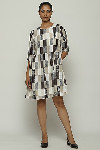 Multi-Colored Chanderi Printed & Embroidered Mini Dress by Abraham & Thakore