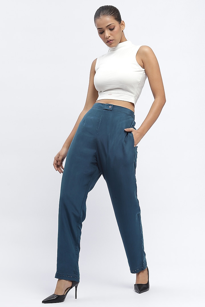 Blue Habutai Silk Mirror Hand Embroidered Tapered Pants by Abraham & Thakore at Pernia's Pop Up Shop
