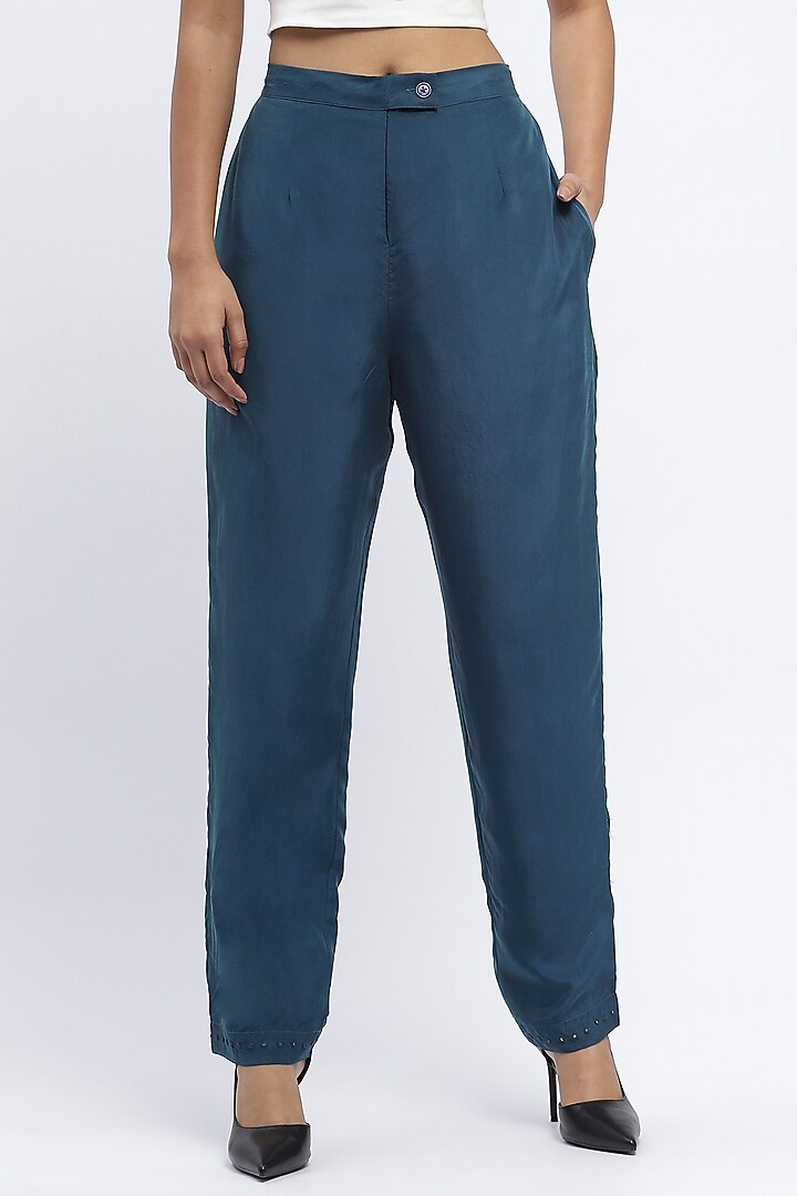Blue Habutai Silk Mirror Hand Embroidered Tapered Pants by Abraham & Thakore at Pernia's Pop Up Shop