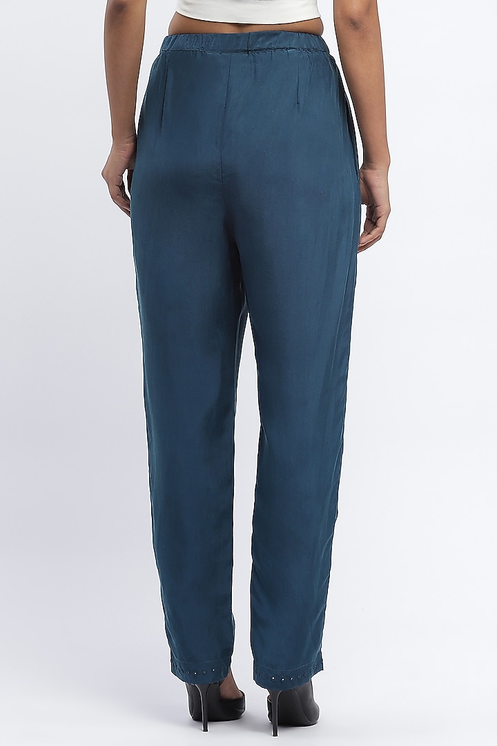Blue Habutai Silk Mirror Hand Embroidered Tapered Pants by Abraham & Thakore at Pernia's Pop Up Shop
