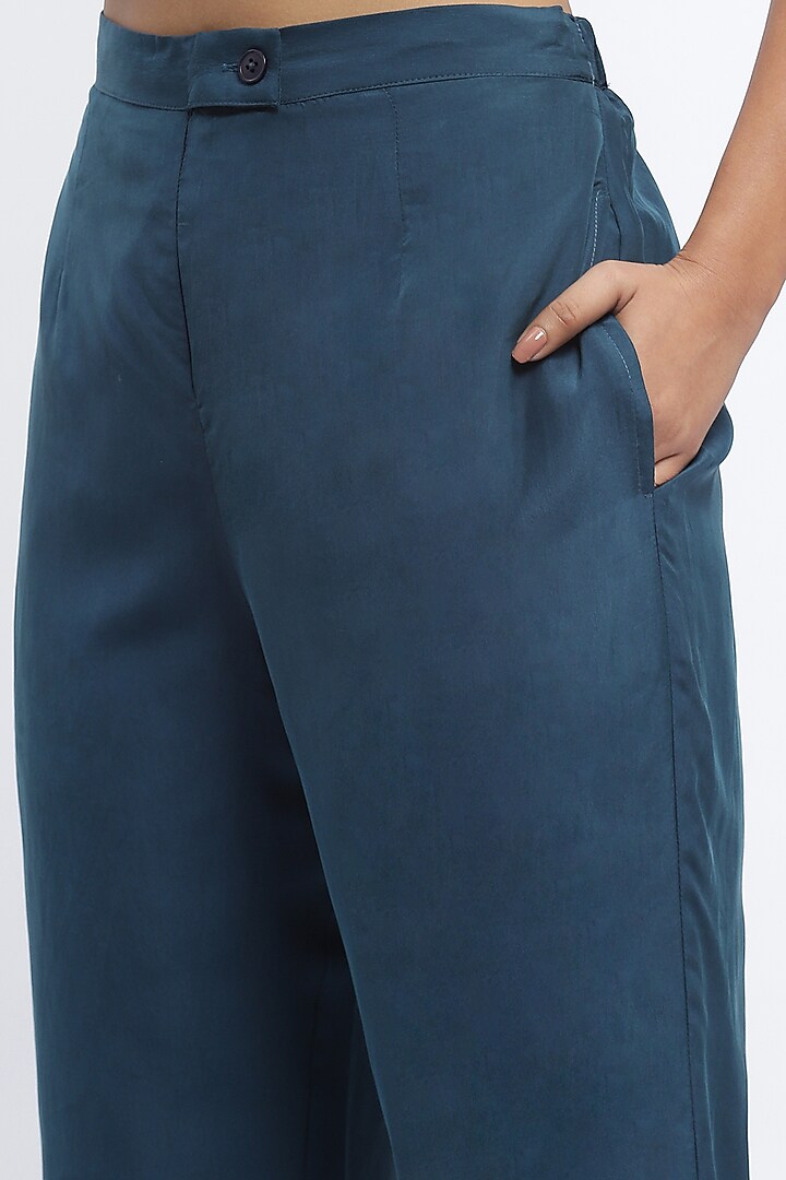 Blue Habutai Silk Mirror Hand Embroidered Tapered Pants by Abraham & Thakore at Pernia's Pop Up Shop