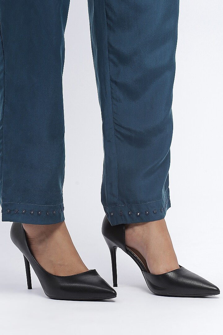 Blue Habutai Silk Mirror Hand Embroidered Tapered Pants by Abraham & Thakore at Pernia's Pop Up Shop