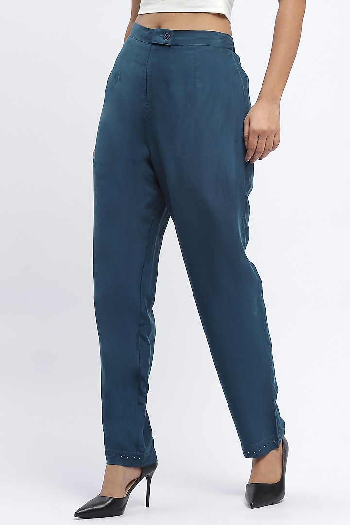 Blue Habutai Silk Mirror Hand Embroidered Tapered Pants by Abraham & Thakore at Pernia's Pop Up Shop