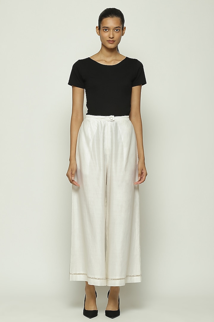Ivory Chanderi Hand Embroidered Palazzo Pants by Abraham & Thakore