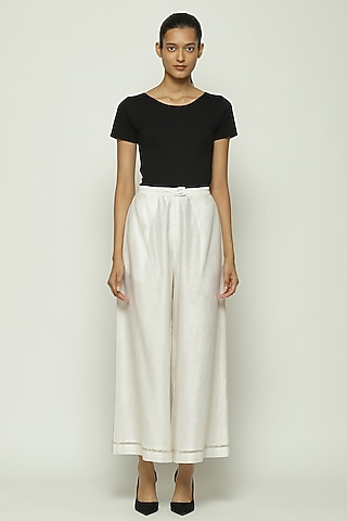 Ivory Chanderi Hand Embroidered Palazzo Pants by Abraham & Thakore