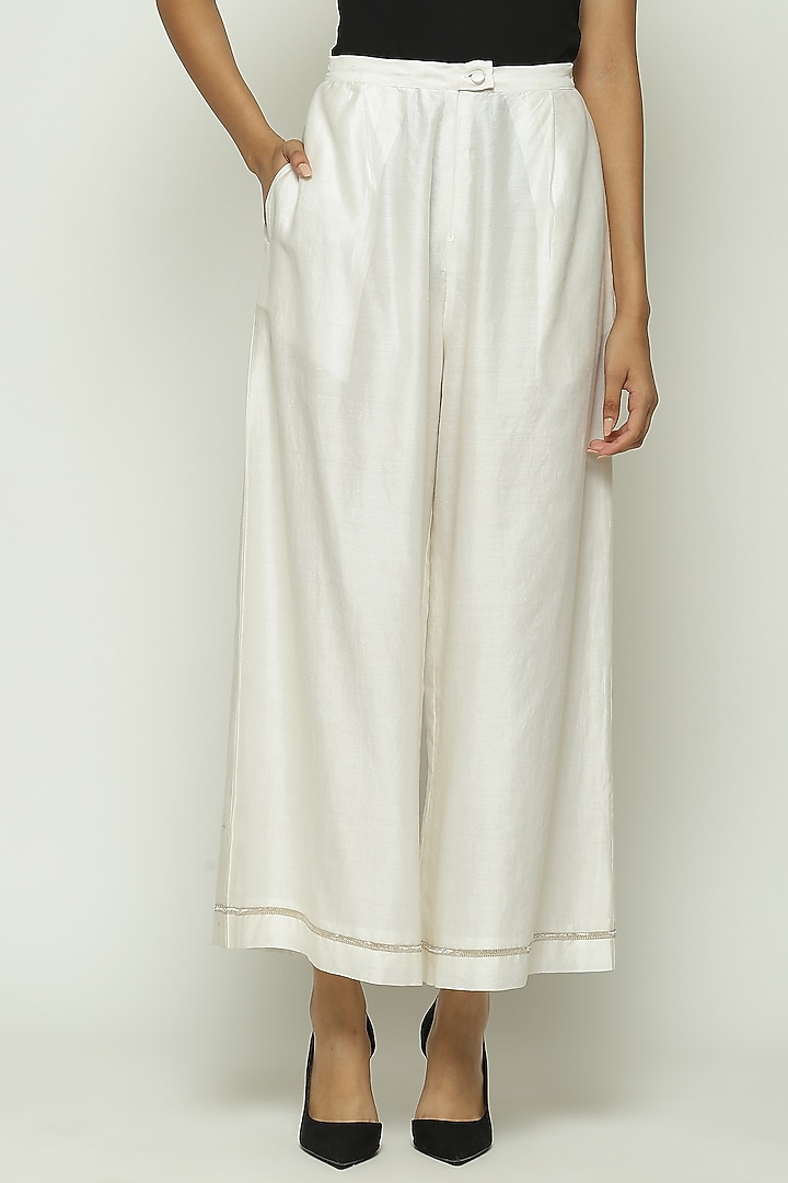 Ivory Chanderi Hand Embroidered Palazzo Pants by Abraham & Thakore at Pernia's Pop Up Shop