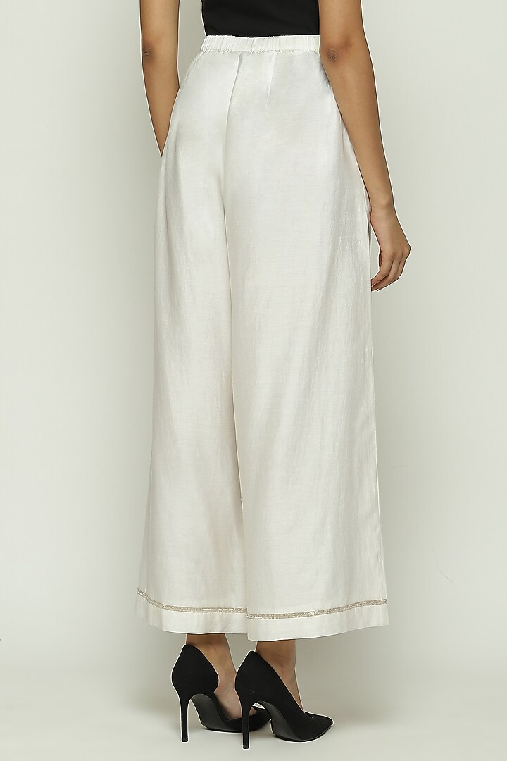 Ivory Chanderi Hand Embroidered Palazzo Pants by Abraham & Thakore at Pernia's Pop Up Shop
