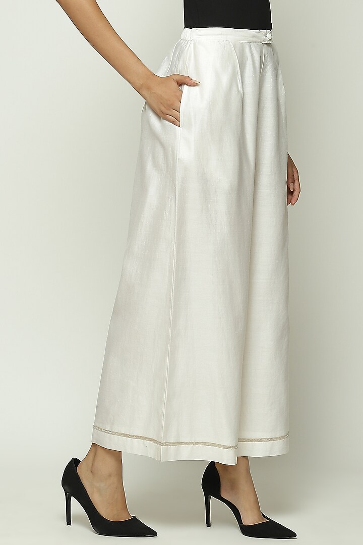 Ivory Chanderi Hand Embroidered Palazzo Pants by Abraham & Thakore at Pernia's Pop Up Shop
