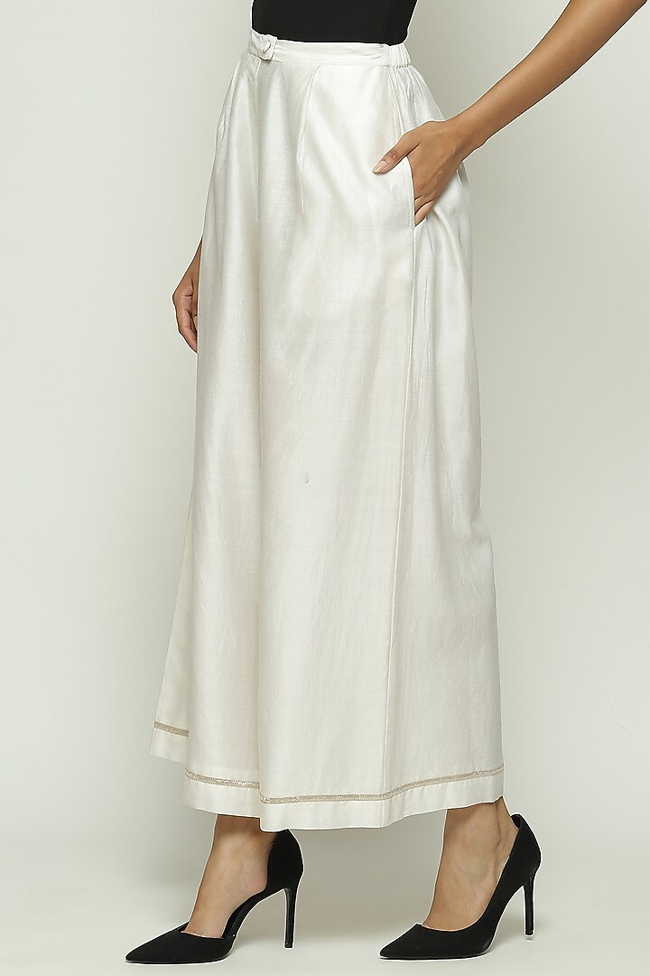 Ivory Chanderi Hand Embroidered Palazzo Pants by Abraham & Thakore at Pernia's Pop Up Shop