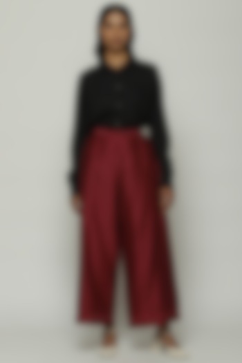 Wine Red Chanderi Palazzo Pants by Abraham & Thakore at Pernia's Pop Up Shop