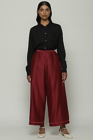 Wine Red Chanderi Palazzo Pants by Abraham & Thakore