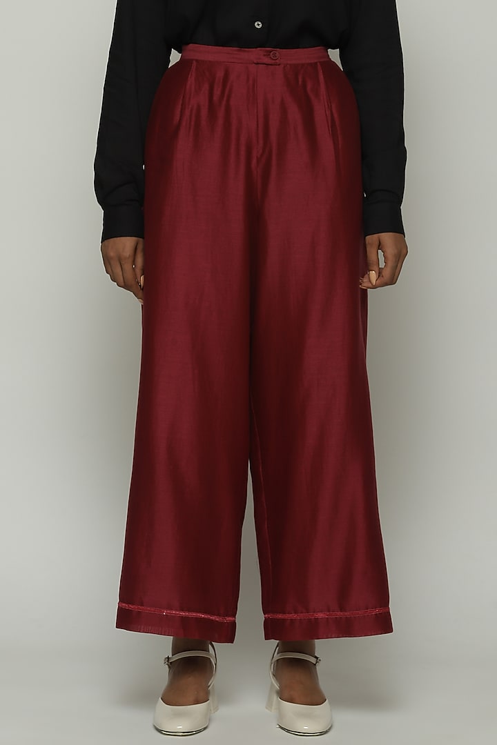 Wine Red Chanderi Palazzo Pants by Abraham & Thakore at Pernia's Pop Up Shop