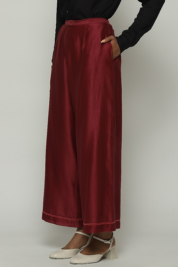 Wine Red Chanderi Palazzo Pants by Abraham & Thakore at Pernia's Pop Up Shop