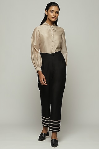 Black Chanderi Tapered Pants by Abraham & Thakore