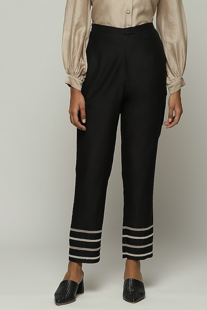 Black Chanderi Tapered Pants by Abraham & Thakore at Pernia's Pop Up Shop