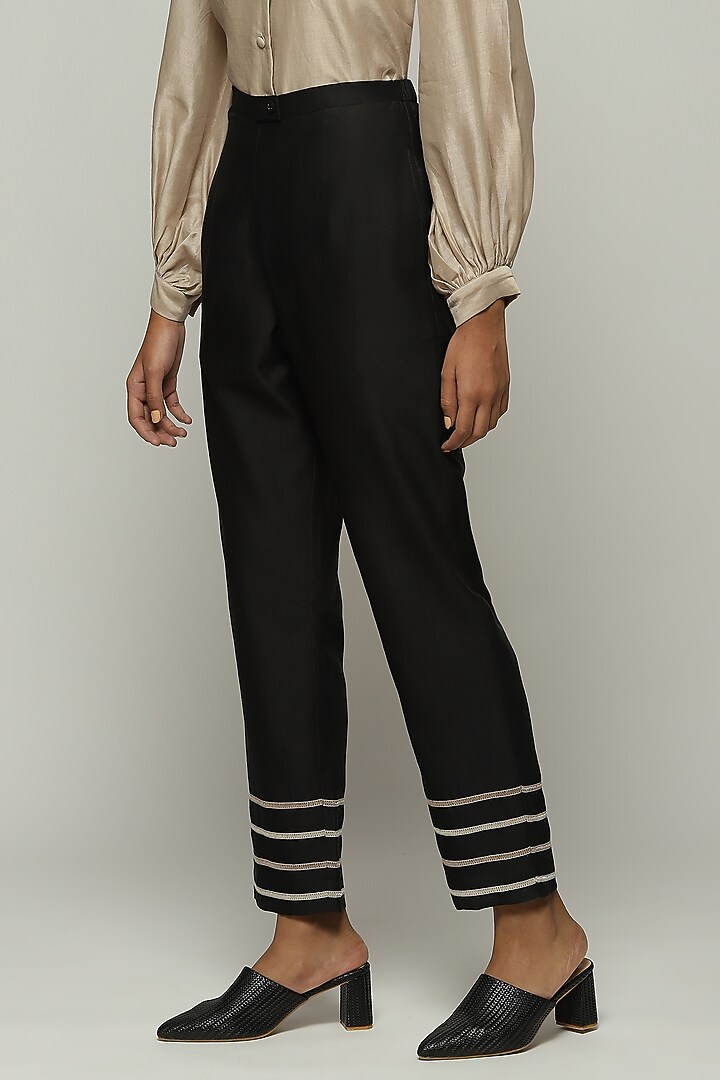 Black Chanderi Tapered Pants by Abraham & Thakore at Pernia's Pop Up Shop