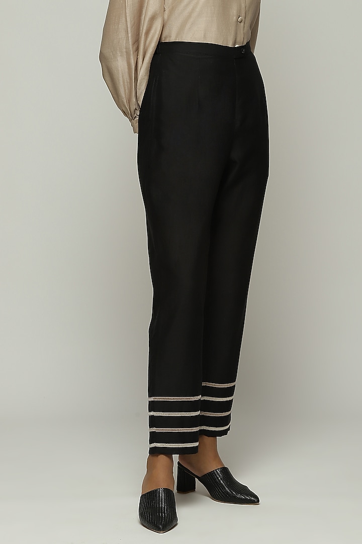 Black Chanderi Tapered Pants by Abraham & Thakore at Pernia's Pop Up Shop