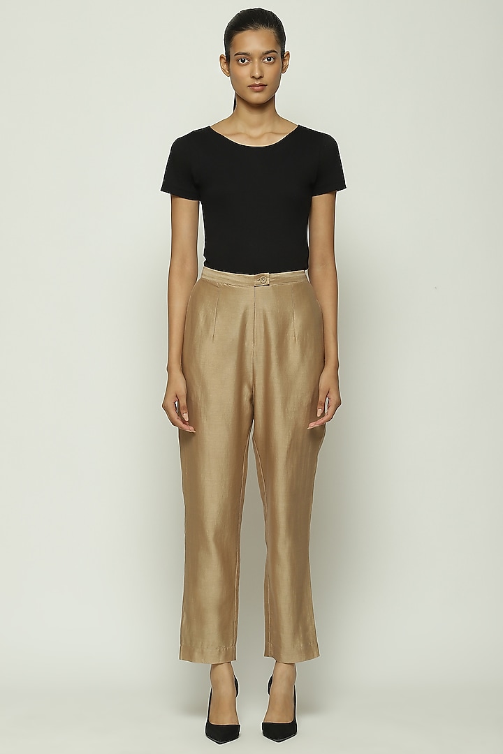 Beige Chanderi Tapered Pants by Abraham & Thakore at Pernia's Pop Up Shop