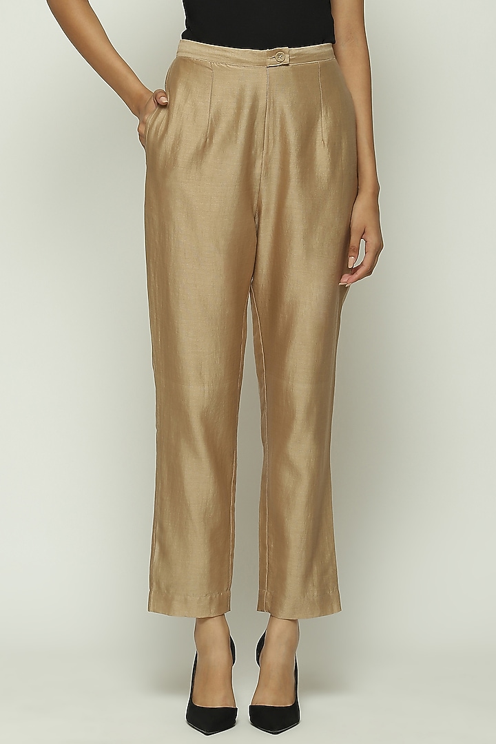 Beige Chanderi Tapered Pants by Abraham & Thakore at Pernia's Pop Up Shop