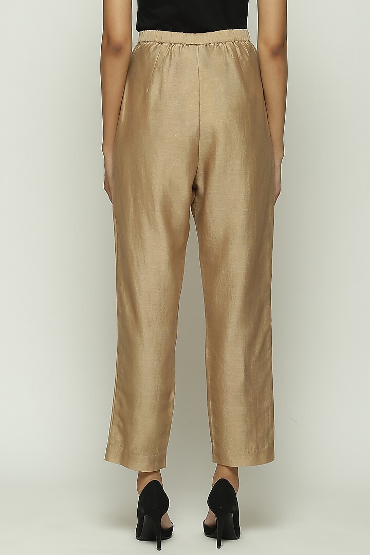 Beige Chanderi Tapered Pants by Abraham & Thakore at Pernia's Pop Up Shop