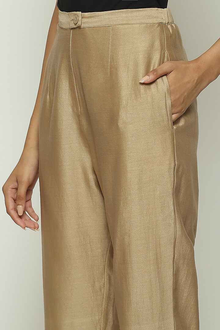 Beige Chanderi Tapered Pants by Abraham & Thakore at Pernia's Pop Up Shop