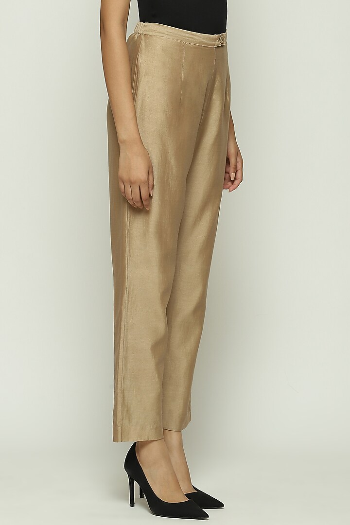 Beige Chanderi Tapered Pants by Abraham & Thakore at Pernia's Pop Up Shop