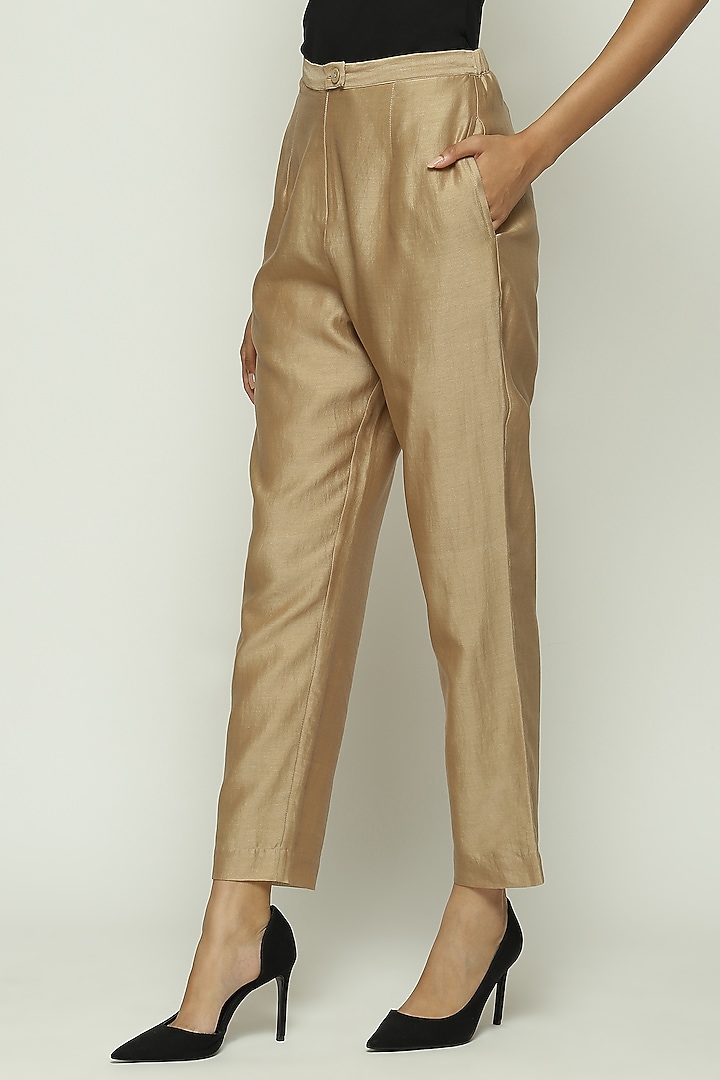 Beige Chanderi Tapered Pants by Abraham & Thakore at Pernia's Pop Up Shop