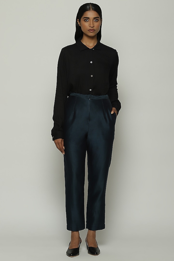 Black Chanderi & Cotton Tapered Pants by Abraham & Thakore at Pernia's Pop Up Shop