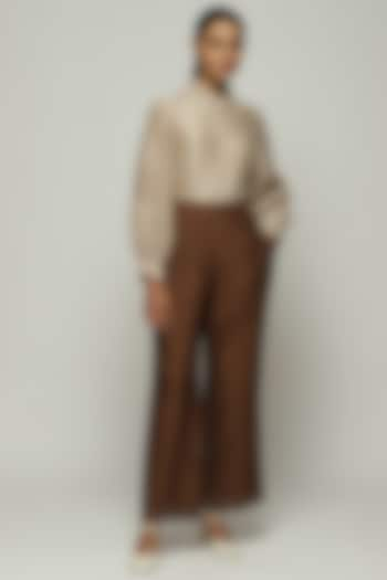 Chocolate Brown Chanderi Hand Embroidered Straight Pants by Abraham & Thakore at Pernia's Pop Up Shop