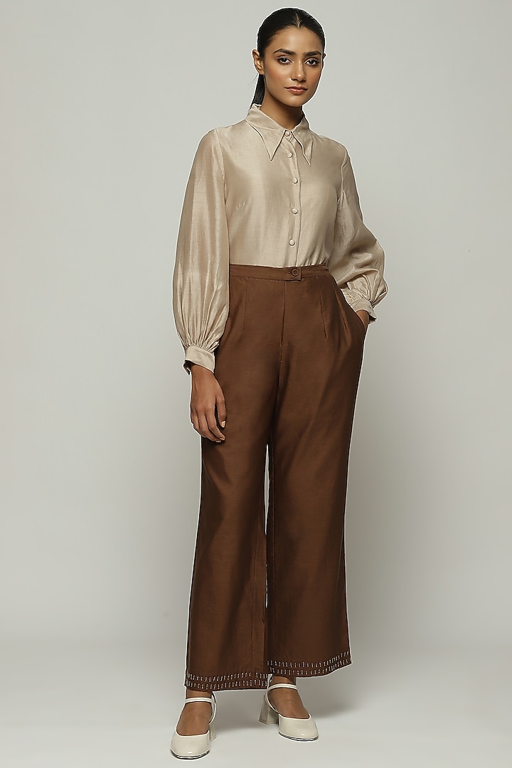 Chocolate Brown Chanderi Hand Embroidered Straight Pants by Abraham & Thakore at Pernia's Pop Up Shop