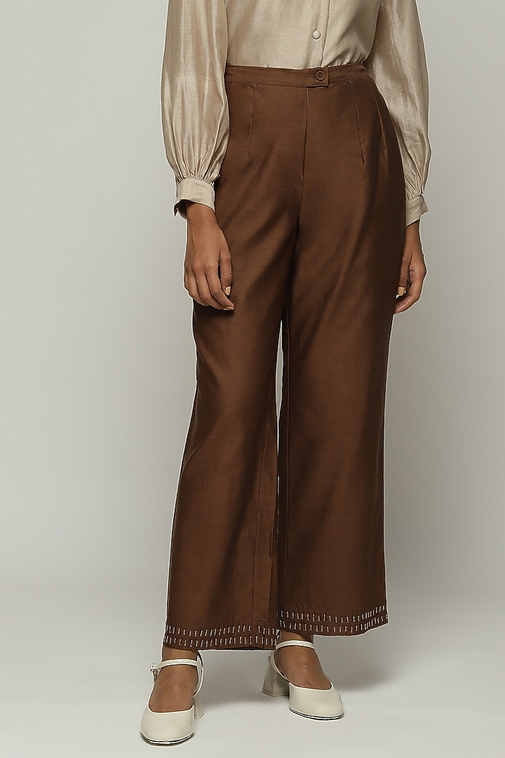 Chocolate Brown Chanderi Hand Embroidered Straight Pants by Abraham & Thakore at Pernia's Pop Up Shop