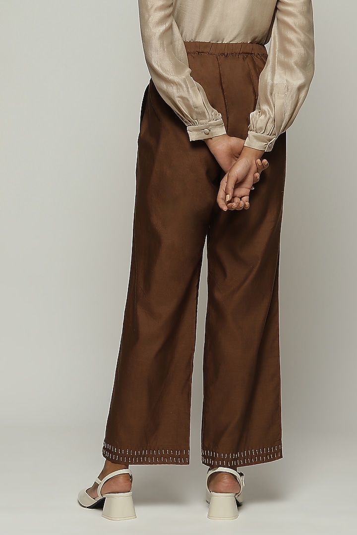 Chocolate Brown Chanderi Hand Embroidered Straight Pants by Abraham & Thakore at Pernia's Pop Up Shop