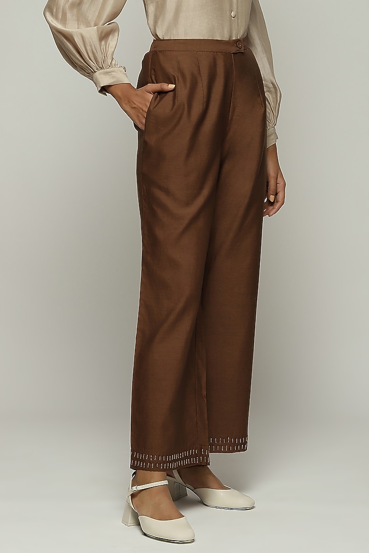 Chocolate Brown Chanderi Hand Embroidered Straight Pants by Abraham & Thakore at Pernia's Pop Up Shop