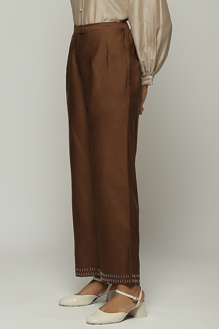 Chocolate Brown Chanderi Hand Embroidered Straight Pants by Abraham & Thakore at Pernia's Pop Up Shop