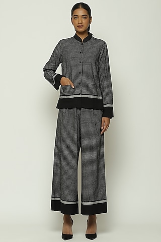 Black Cotton Handwoven Palazzo Pants by Abraham & Thakore