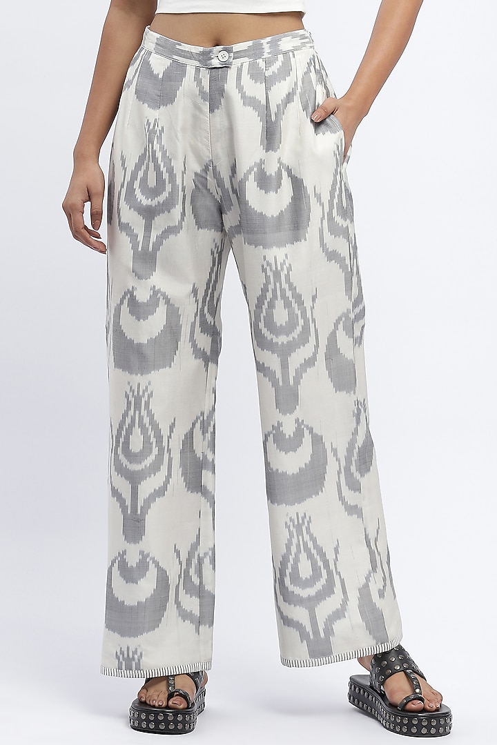 Ivory Cotton & Silk Ikat Dyed Trousers by Abraham & Thakore at Pernia's Pop Up Shop