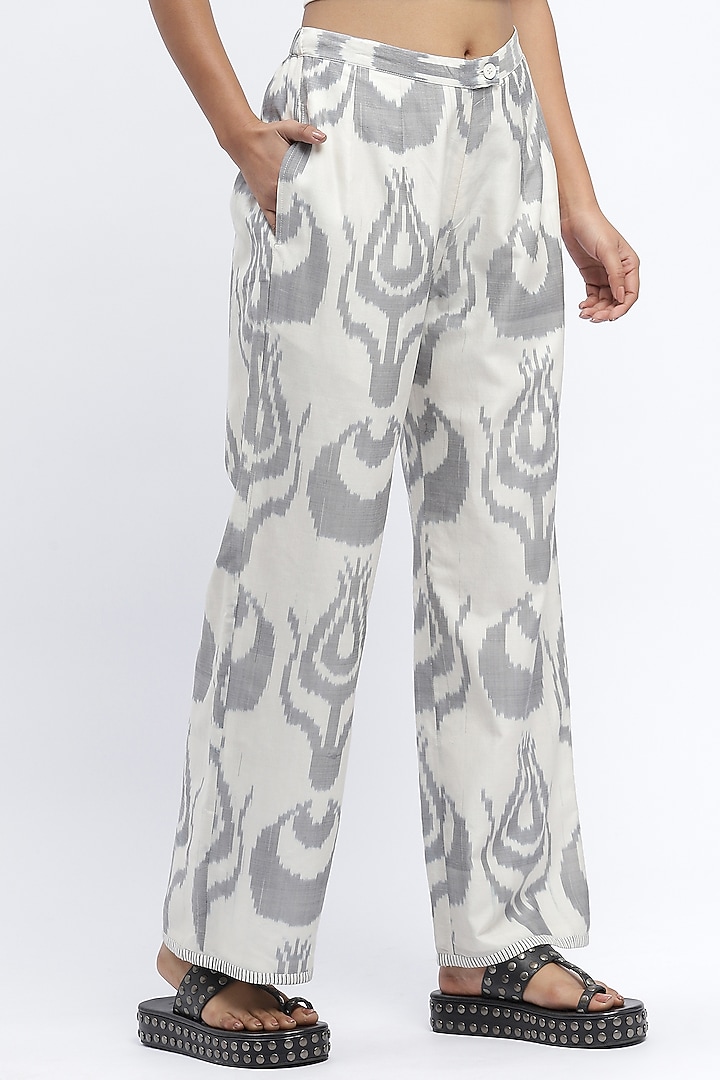 Ivory Cotton & Silk Ikat Dyed Trousers by Abraham & Thakore at Pernia's Pop Up Shop