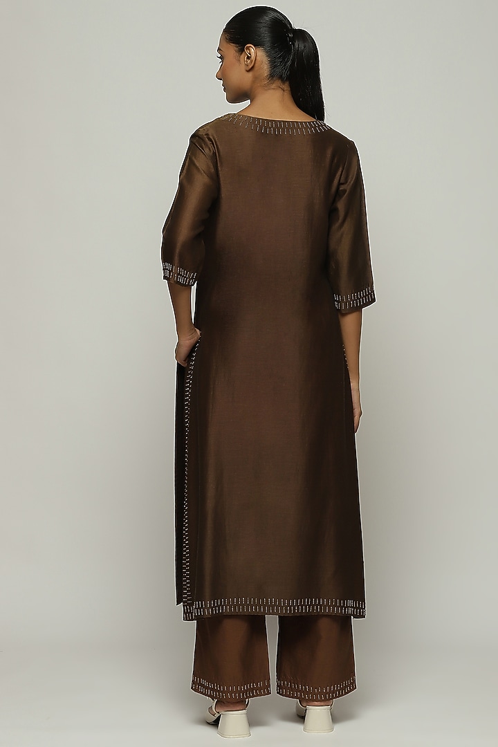 Chocolate Brown Chanderi Hand Embroidered Kurta by Abraham & Thakore at Pernia's Pop Up Shop