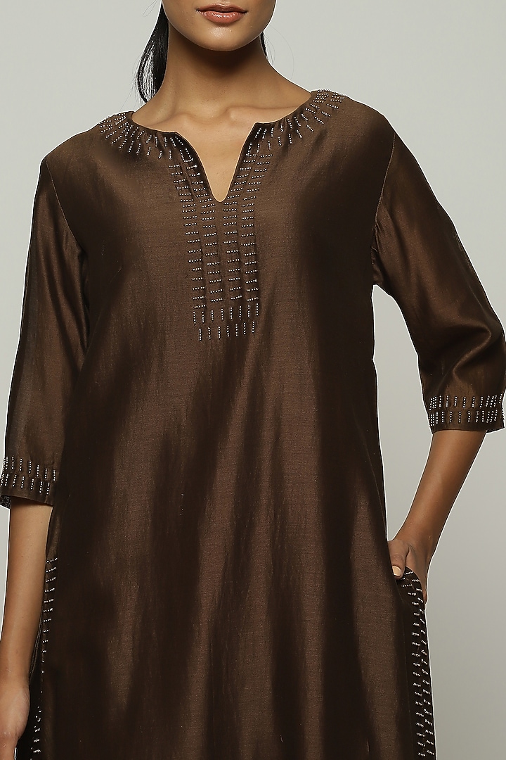 Chocolate Brown Chanderi Hand Embroidered Kurta by Abraham & Thakore at Pernia's Pop Up Shop