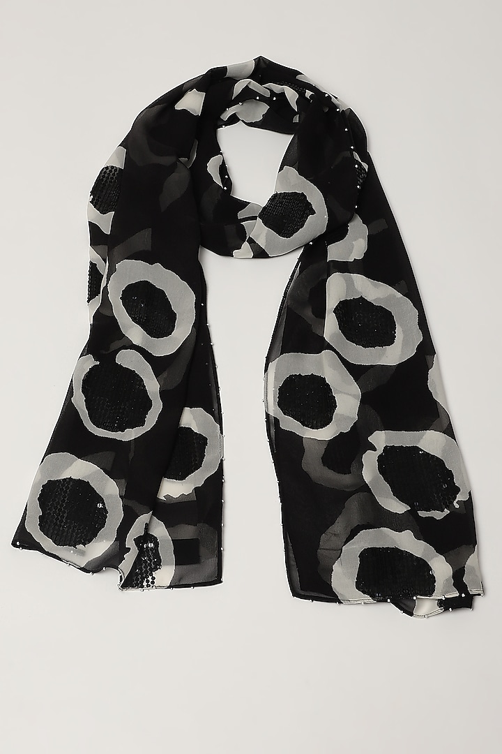 Black Silk Georgette Hand Embroidered Scarf by Abraham & Thakore at Pernia's Pop Up Shop